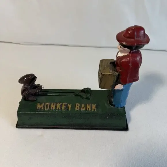 VTG Mechanical Cast Iron Jumping Monkey Coin Bank Works and in Good Condition!! - Picture 1 of 9